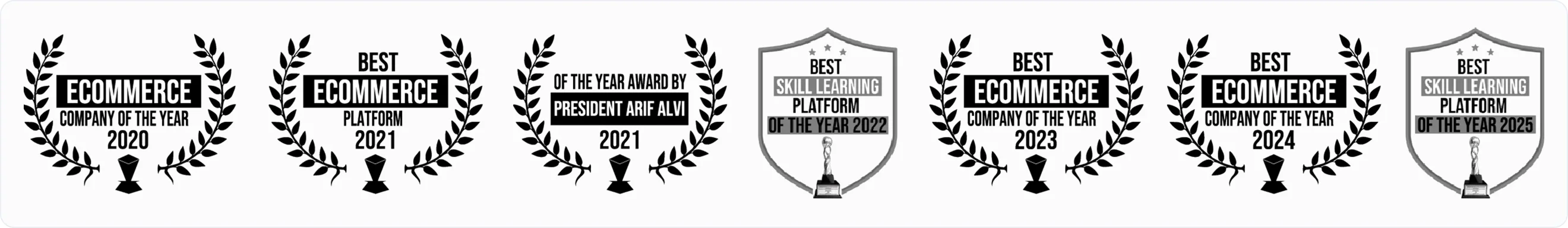 Seven Enablers awards: eCommerce Company 2020, eCommerce Platform 2021, President Arif Alvi Award 2021, Skill Learning Platform 2022, eCommerce Company 2023 and 2024, and Skill Learning Platform 2025