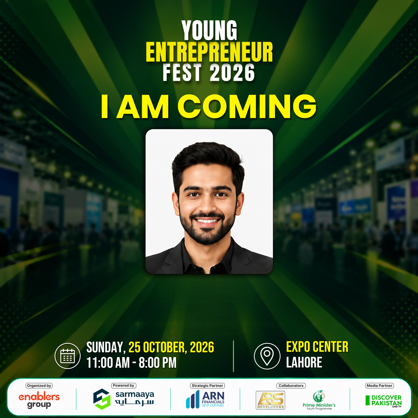 Sample I Am Coming badge for Young Entrepreneur Fest 2026
